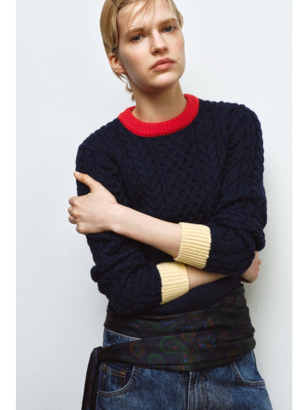 Zara Navy Cable-Knit Sweater with Red Crewneck and Cream Cuffs